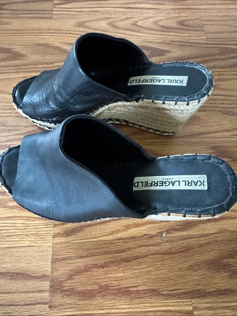 Karl Lagerfeld Black Leather Open-Toe Espadrille Mules platform sandals